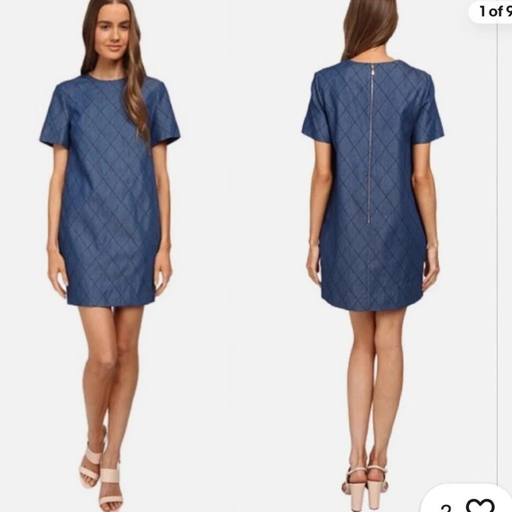 Kate Spade Quilted Chambray Shift Dress Sz 2 Dark Blue Short Sleeve‎ Teacher